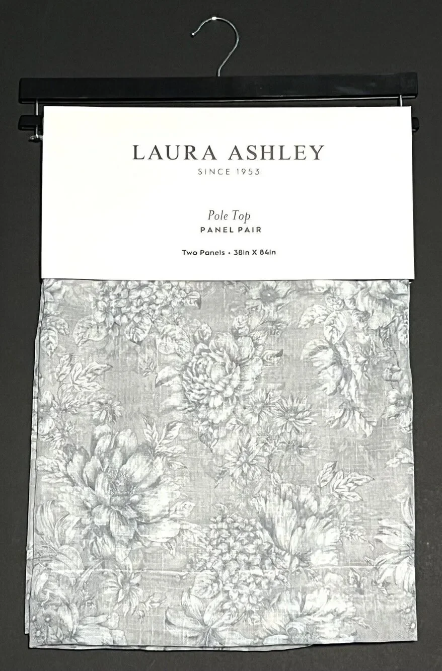 Laura Ashley Bridgette Floral Window Curtains Panels SHEER 38x84” Gray Grey (2)